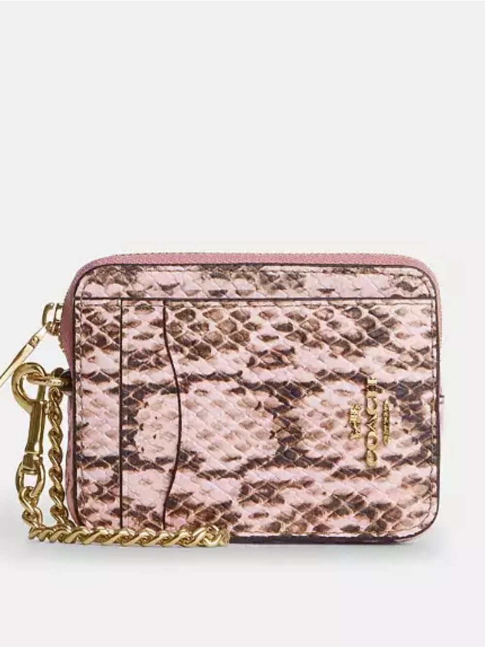 Coach Pink Snake-Print Mini Card Case with Gold Chain